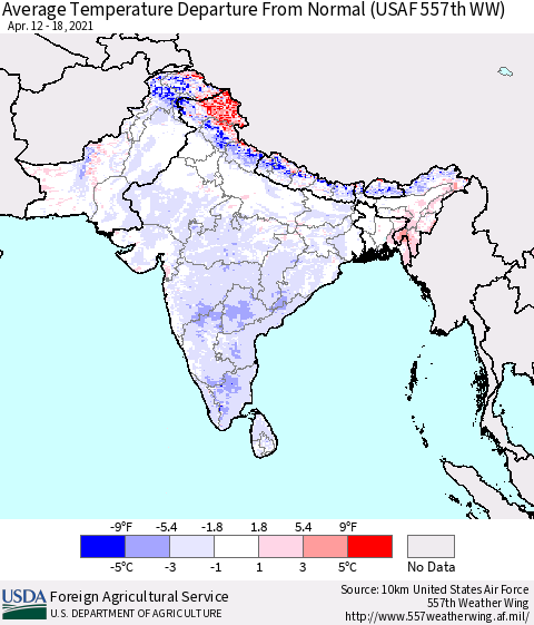 Southern Asia Average Temperature Departure from Normal (USAF 557th WW) Thematic Map For 4/12/2021 - 4/18/2021