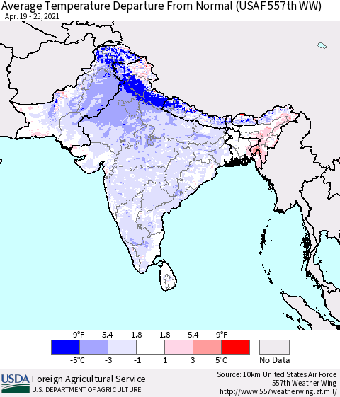 Southern Asia Average Temperature Departure from Normal (USAF 557th WW) Thematic Map For 4/19/2021 - 4/25/2021
