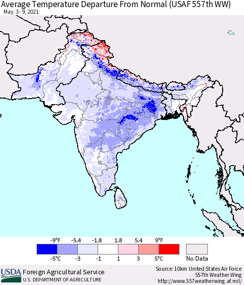 Southern Asia Average Temperature Departure from Normal (USAF 557th WW) Thematic Map For 5/3/2021 - 5/9/2021