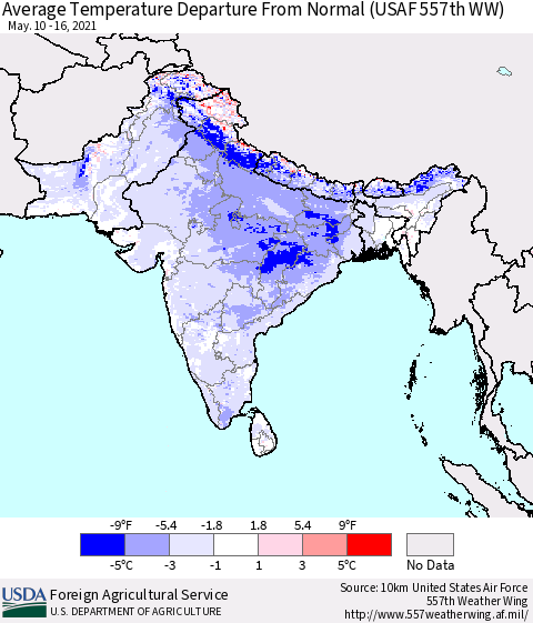 Southern Asia Average Temperature Departure from Normal (USAF 557th WW) Thematic Map For 5/10/2021 - 5/16/2021