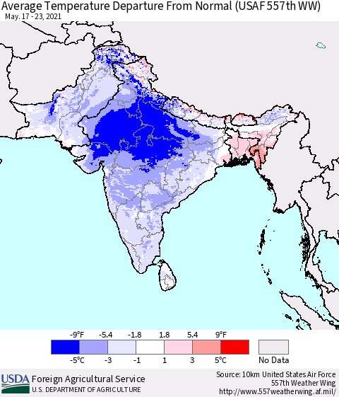 Southern Asia Average Temperature Departure from Normal (USAF 557th WW) Thematic Map For 5/17/2021 - 5/23/2021