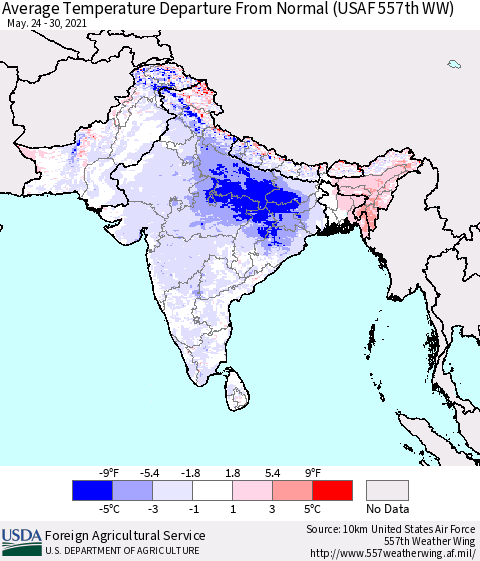 Southern Asia Average Temperature Departure from Normal (USAF 557th WW) Thematic Map For 5/24/2021 - 5/30/2021