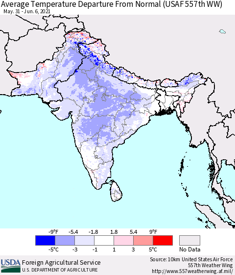 Southern Asia Average Temperature Departure from Normal (USAF 557th WW) Thematic Map For 5/31/2021 - 6/6/2021