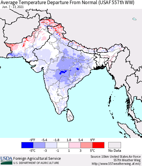 Southern Asia Average Temperature Departure from Normal (USAF 557th WW) Thematic Map For 6/7/2021 - 6/13/2021