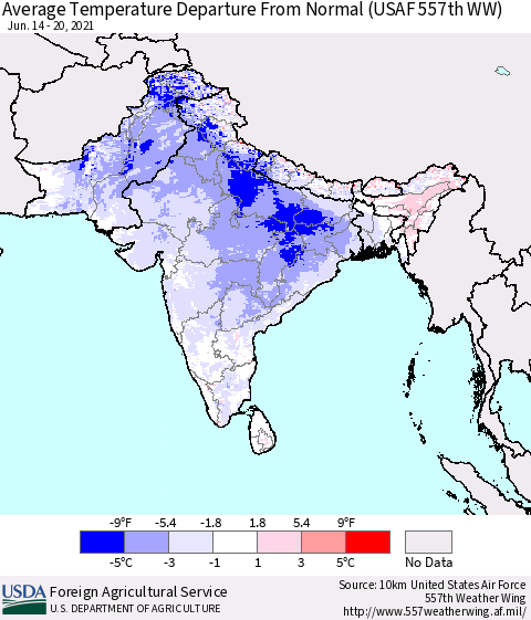 Southern Asia Average Temperature Departure from Normal (USAF 557th WW) Thematic Map For 6/14/2021 - 6/20/2021
