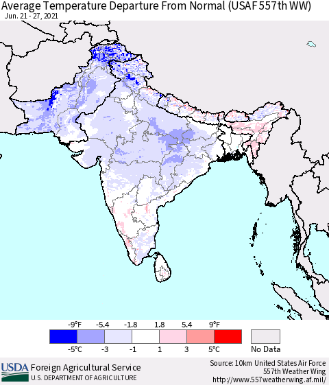 Southern Asia Average Temperature Departure from Normal (USAF 557th WW) Thematic Map For 6/21/2021 - 6/27/2021