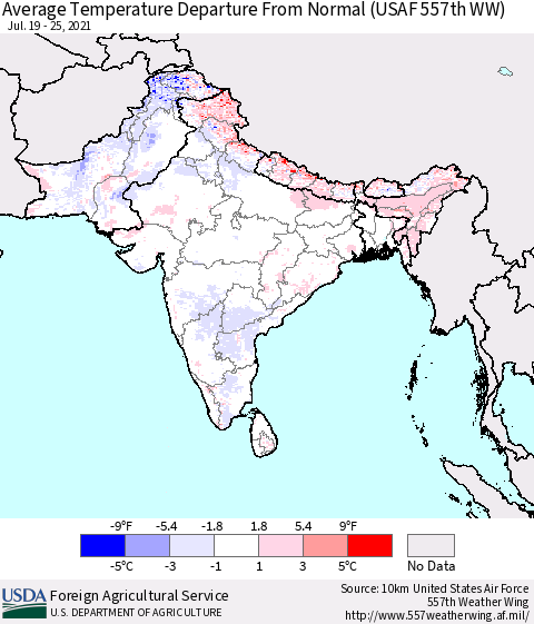 Southern Asia Average Temperature Departure from Normal (USAF 557th WW) Thematic Map For 7/19/2021 - 7/25/2021