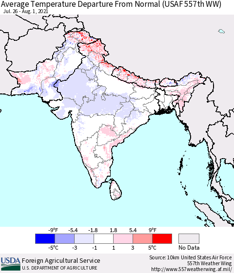 Southern Asia Average Temperature Departure from Normal (USAF 557th WW) Thematic Map For 7/26/2021 - 8/1/2021