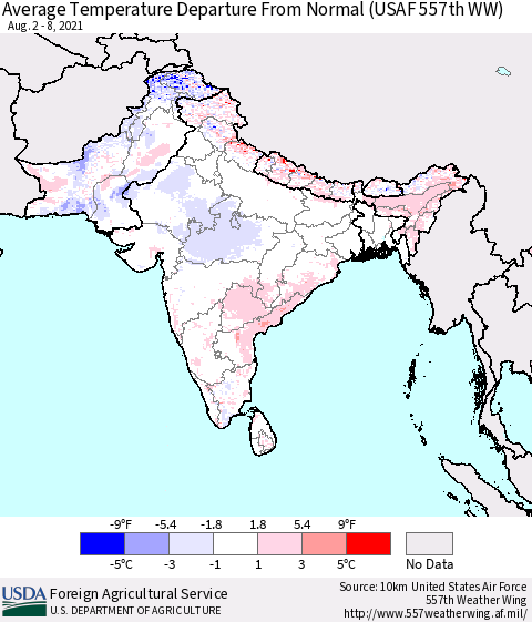 Southern Asia Average Temperature Departure from Normal (USAF 557th WW) Thematic Map For 8/2/2021 - 8/8/2021