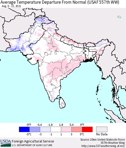 Southern Asia Average Temperature Departure from Normal (USAF 557th WW) Thematic Map For 8/9/2021 - 8/15/2021