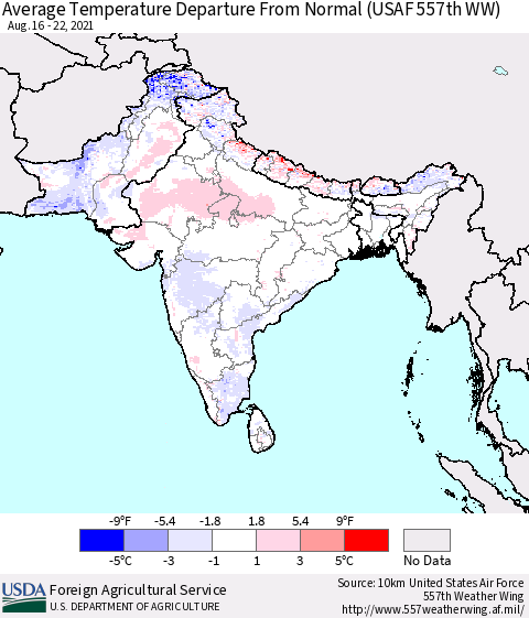Southern Asia Average Temperature Departure from Normal (USAF 557th WW) Thematic Map For 8/16/2021 - 8/22/2021