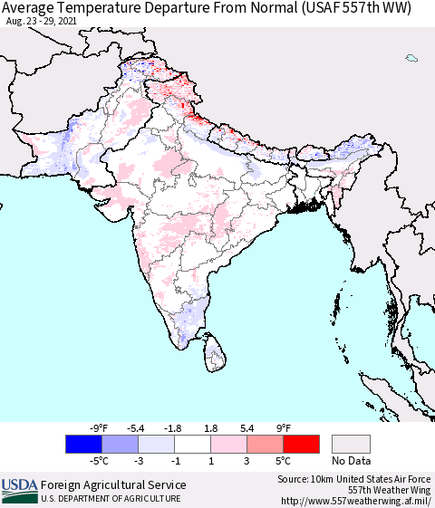 Southern Asia Average Temperature Departure from Normal (USAF 557th WW) Thematic Map For 8/23/2021 - 8/29/2021