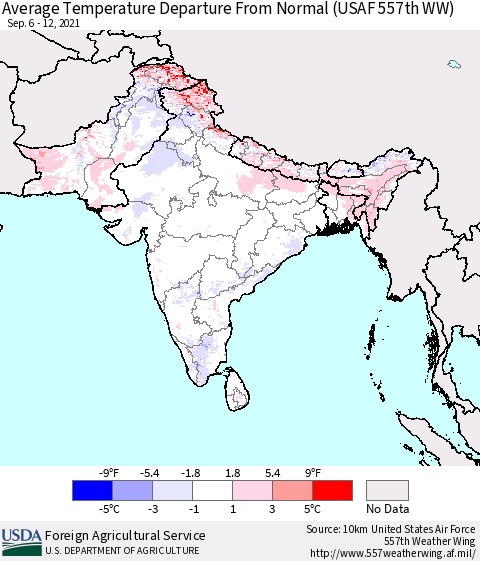 Southern Asia Average Temperature Departure from Normal (USAF 557th WW) Thematic Map For 9/6/2021 - 9/12/2021