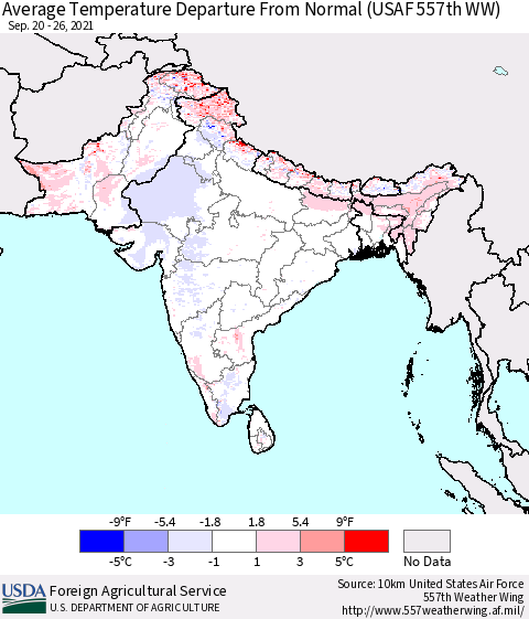 Southern Asia Average Temperature Departure from Normal (USAF 557th WW) Thematic Map For 9/20/2021 - 9/26/2021