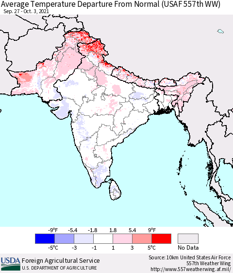 Southern Asia Average Temperature Departure from Normal (USAF 557th WW) Thematic Map For 9/27/2021 - 10/3/2021