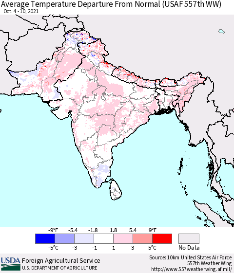 Southern Asia Average Temperature Departure from Normal (USAF 557th WW) Thematic Map For 10/4/2021 - 10/10/2021