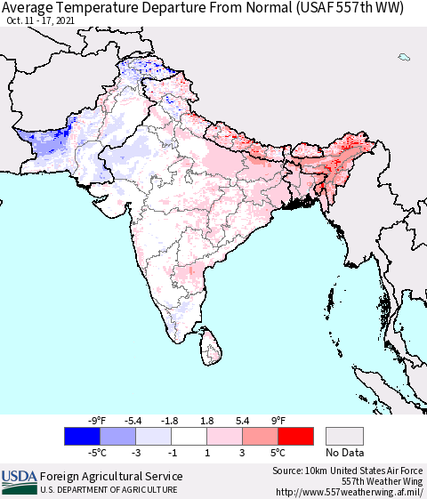 Southern Asia Average Temperature Departure From Normal (USAF 557th WW) Thematic Map For 10/11/2021 - 10/17/2021