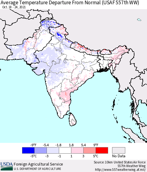Southern Asia Average Temperature Departure from Normal (USAF 557th WW) Thematic Map For 10/18/2021 - 10/24/2021