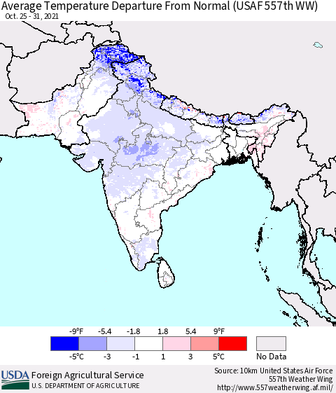 Southern Asia Average Temperature Departure from Normal (USAF 557th WW) Thematic Map For 10/25/2021 - 10/31/2021