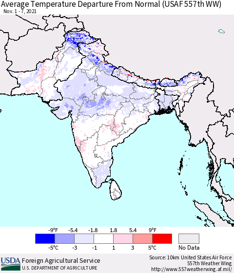 Southern Asia Average Temperature Departure from Normal (USAF 557th WW) Thematic Map For 11/1/2021 - 11/7/2021