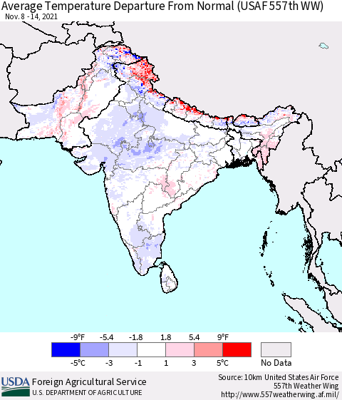 Southern Asia Average Temperature Departure from Normal (USAF 557th WW) Thematic Map For 11/8/2021 - 11/14/2021