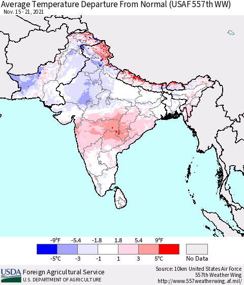 Southern Asia Average Temperature Departure From Normal (USAF 557th WW) Thematic Map For 11/15/2021 - 11/21/2021