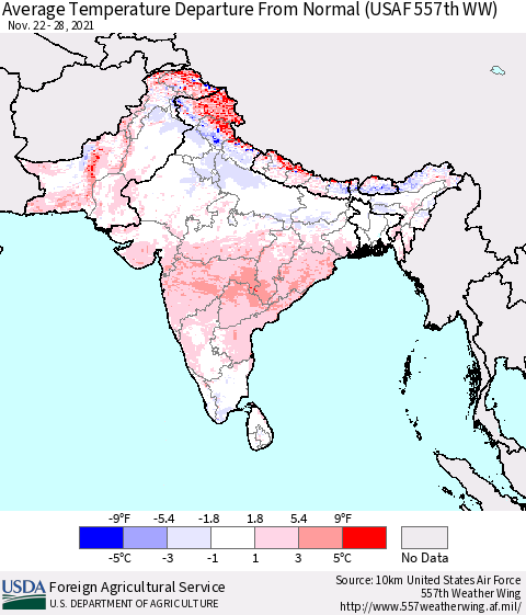 Southern Asia Average Temperature Departure From Normal (USAF 557th WW) Thematic Map For 11/22/2021 - 11/28/2021