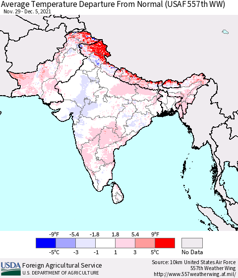 Southern Asia Average Temperature Departure From Normal (USAF 557th WW) Thematic Map For 11/29/2021 - 12/5/2021