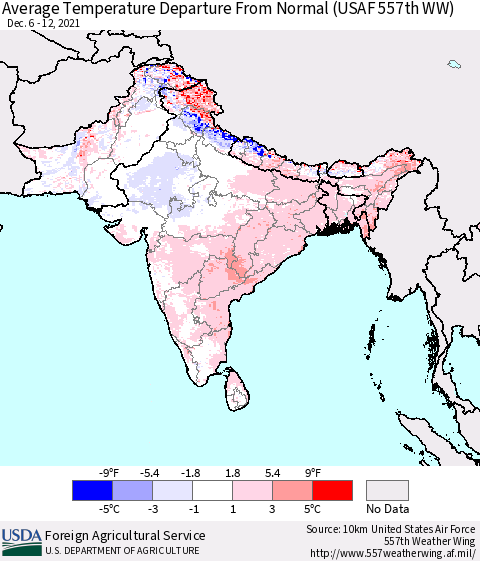 Southern Asia Average Temperature Departure from Normal (USAF 557th WW) Thematic Map For 12/6/2021 - 12/12/2021