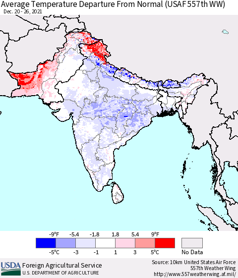 Southern Asia Average Temperature Departure From Normal (USAF 557th WW) Thematic Map For 12/20/2021 - 12/26/2021