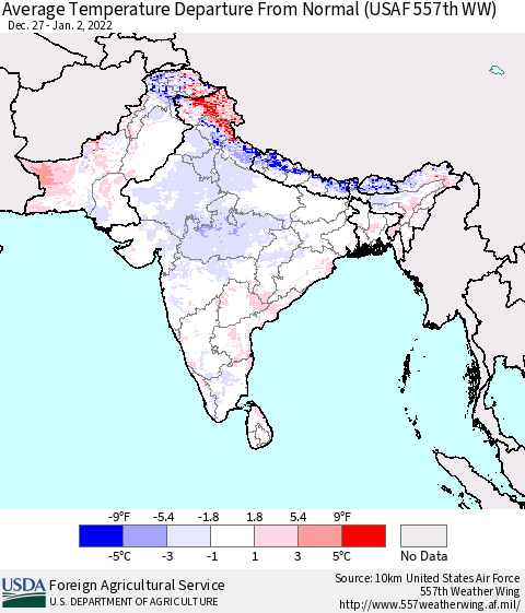 Southern Asia Average Temperature Departure from Normal (USAF 557th WW) Thematic Map For 12/27/2021 - 1/2/2022