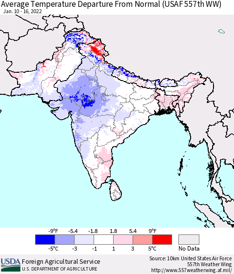 Southern Asia Average Temperature Departure from Normal (USAF 557th WW) Thematic Map For 1/10/2022 - 1/16/2022