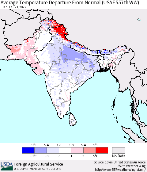 Southern Asia Average Temperature Departure from Normal (USAF 557th WW) Thematic Map For 1/17/2022 - 1/23/2022