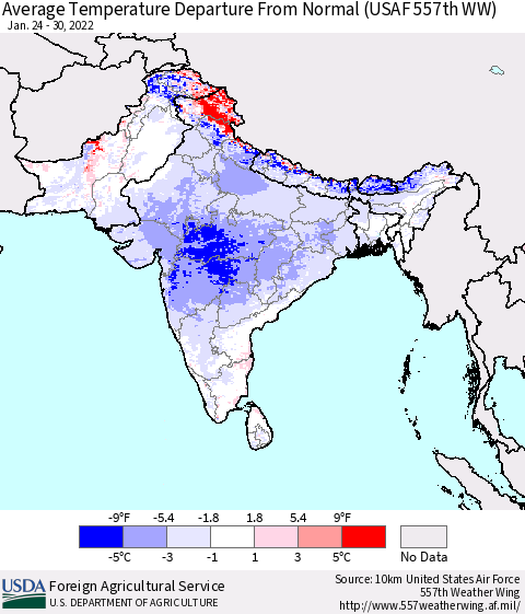 Southern Asia Average Temperature Departure from Normal (USAF 557th WW) Thematic Map For 1/24/2022 - 1/30/2022