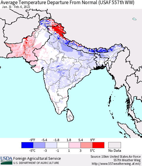 Southern Asia Average Temperature Departure from Normal (USAF 557th WW) Thematic Map For 1/31/2022 - 2/6/2022
