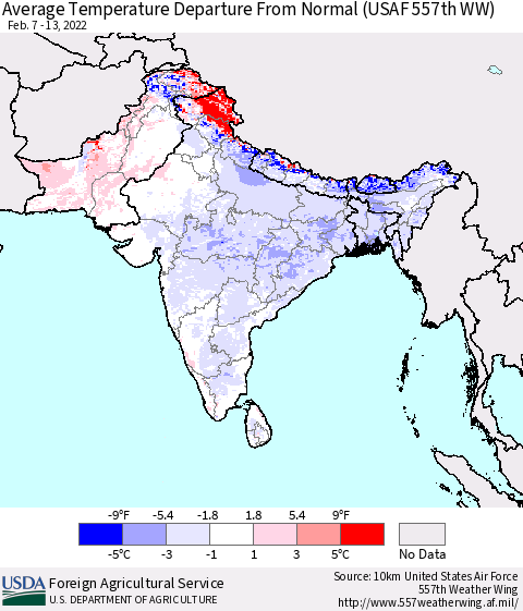 Southern Asia Average Temperature Departure from Normal (USAF 557th WW) Thematic Map For 2/7/2022 - 2/13/2022