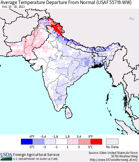 Southern Asia Average Temperature Departure from Normal (USAF 557th WW) Thematic Map For 2/14/2022 - 2/20/2022
