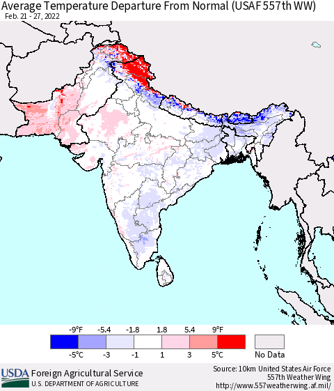 Southern Asia Average Temperature Departure from Normal (USAF 557th WW) Thematic Map For 2/21/2022 - 2/27/2022
