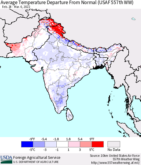 Southern Asia Average Temperature Departure from Normal (USAF 557th WW) Thematic Map For 2/28/2022 - 3/6/2022