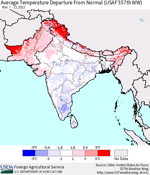 Southern Asia Average Temperature Departure from Normal (USAF 557th WW) Thematic Map For 3/7/2022 - 3/13/2022