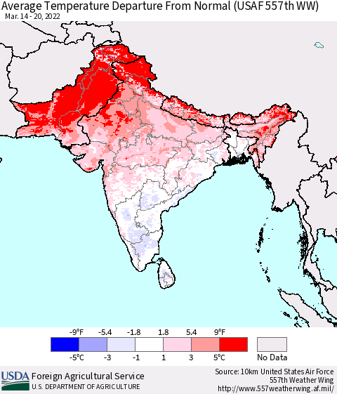 Southern Asia Average Temperature Departure from Normal (USAF 557th WW) Thematic Map For 3/14/2022 - 3/20/2022
