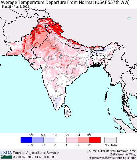 Southern Asia Average Temperature Departure from Normal (USAF 557th WW) Thematic Map For 3/28/2022 - 4/3/2022