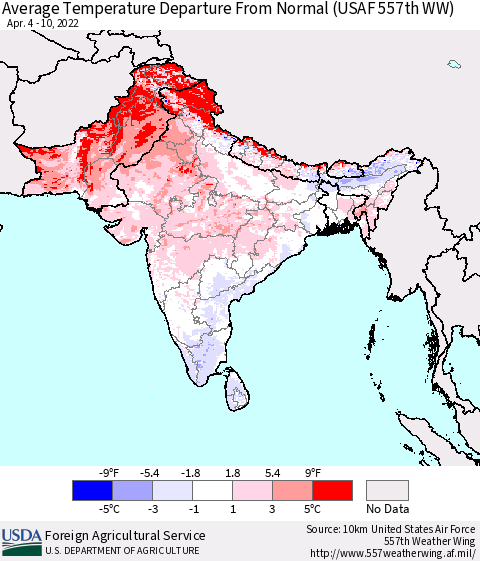 Southern Asia Average Temperature Departure from Normal (USAF 557th WW) Thematic Map For 4/4/2022 - 4/10/2022