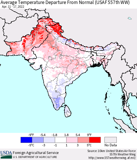 Southern Asia Average Temperature Departure from Normal (USAF 557th WW) Thematic Map For 4/11/2022 - 4/17/2022