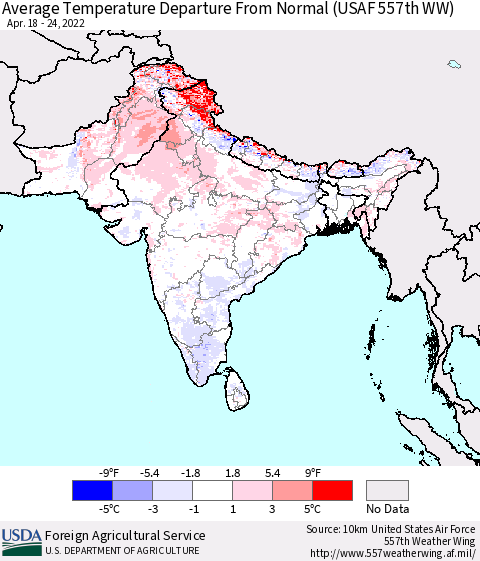 Southern Asia Average Temperature Departure from Normal (USAF 557th WW) Thematic Map For 4/18/2022 - 4/24/2022