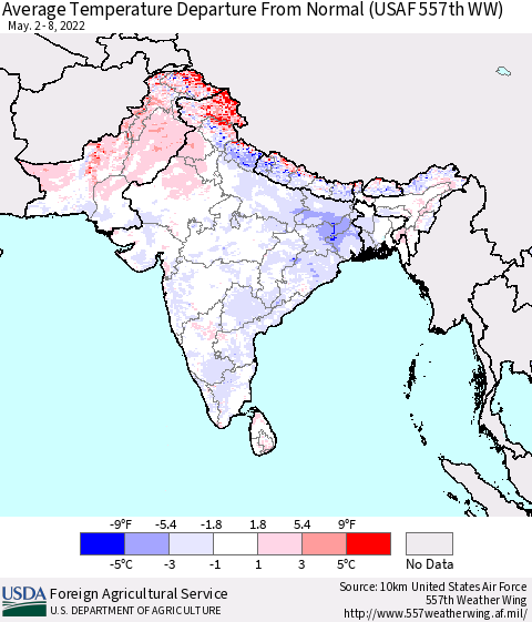 Southern Asia Average Temperature Departure from Normal (USAF 557th WW) Thematic Map For 5/2/2022 - 5/8/2022