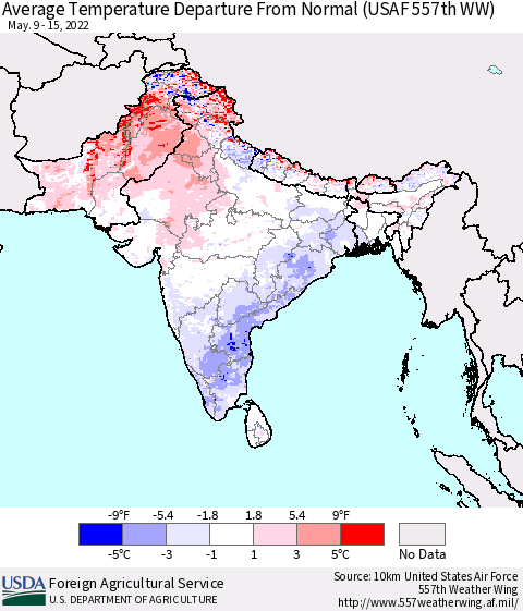 Southern Asia Average Temperature Departure From Normal (USAF 557th WW) Thematic Map For 5/9/2022 - 5/15/2022