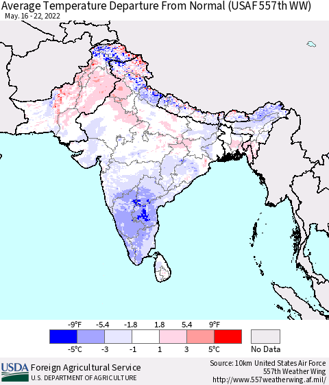 Southern Asia Average Temperature Departure From Normal (USAF 557th WW) Thematic Map For 5/16/2022 - 5/22/2022