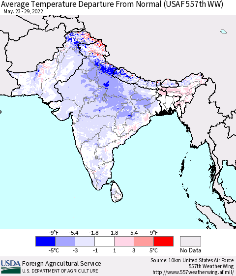 Southern Asia Average Temperature Departure From Normal (USAF 557th WW) Thematic Map For 5/23/2022 - 5/29/2022