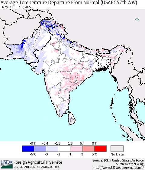 Southern Asia Average Temperature Departure from Normal (USAF 557th WW) Thematic Map For 5/30/2022 - 6/5/2022